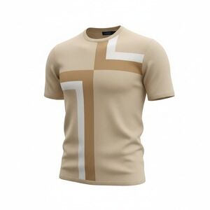 Perry Ellis Mens TShirt Colorblock Graphic Knit Top Tan White Size M